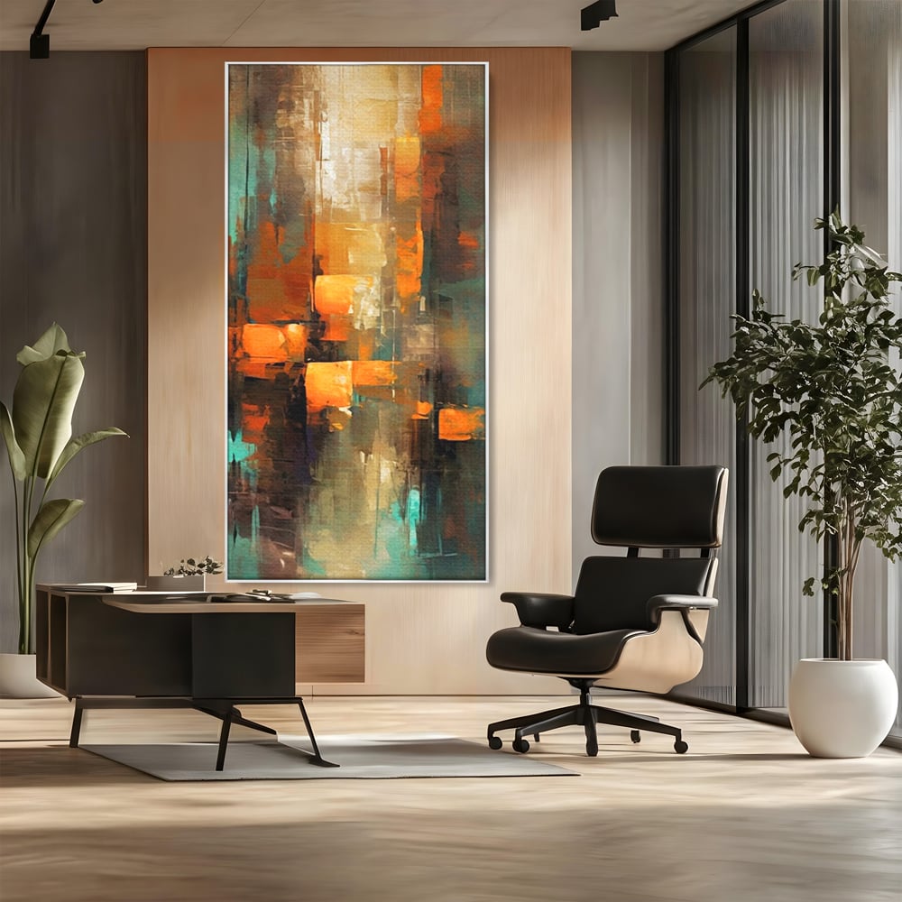 Tablou canvas cu pictura abstracta cu linii verticale, in rama de aluminiu argintiu, pe perete intr-un birou